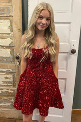 Misshow Sparkly Burgundy A-Line Backless Short Hoco Dress with Pockets